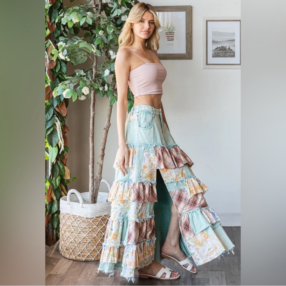Oli & Hali Mint Plaid Floral Patchwork Ruffle Slit Denim Maxi Skirt - Picture 3 of 10